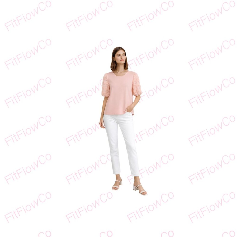 Madison Blush Pink 3D Floral Mesh Sleeve Top Size L Romantic Rosette Blouse